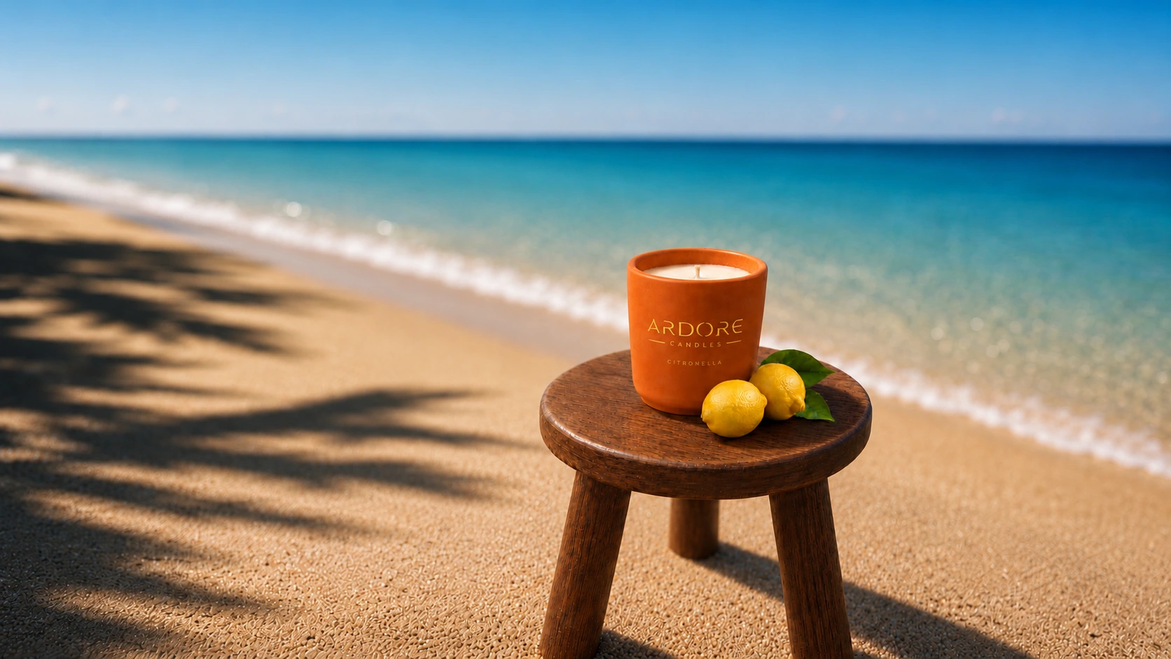 Terracotta Ardore Citronella Pot met citroenen op een houten krukje aan zee