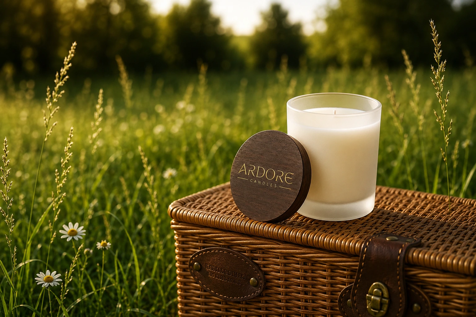 Ardore Nature-kaars met houten Ardore deksel op een luxe picknickmand in hoog groen gras