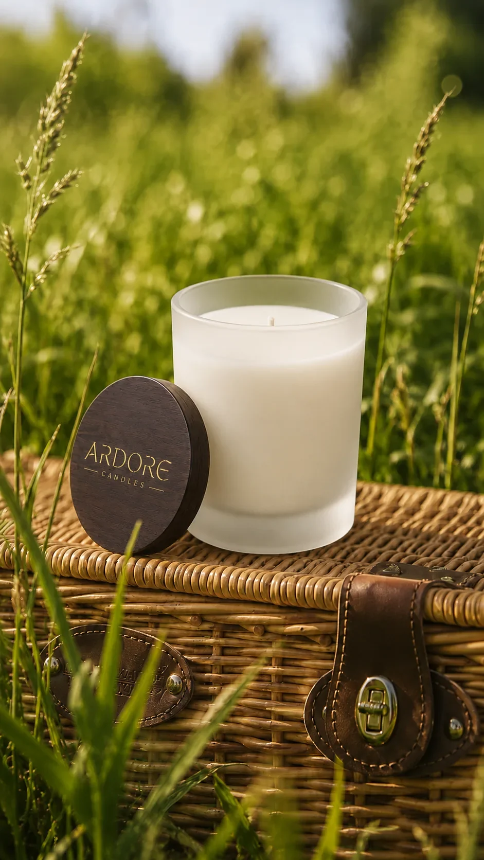 Ardore Candles — witte kaars met houten Ardore deksel op een luxe picknickmand in hoog groen gras
