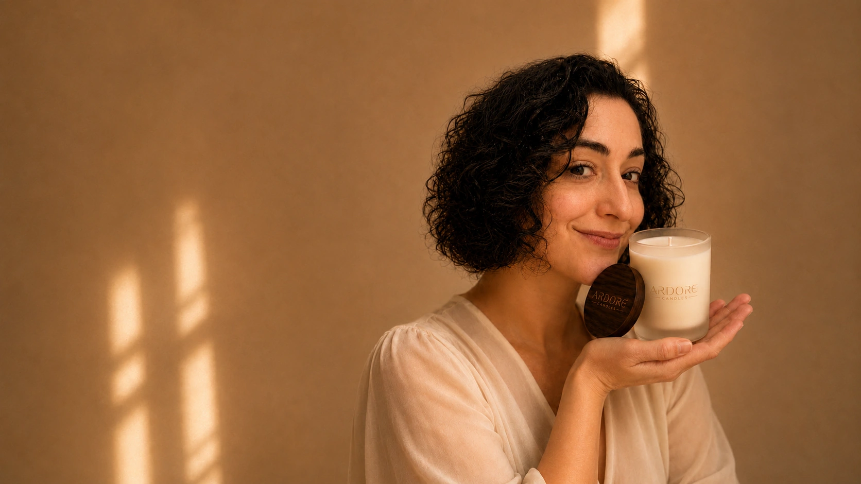 Jessica houdt een Ardore kaars vast in warm natuurlijk licht