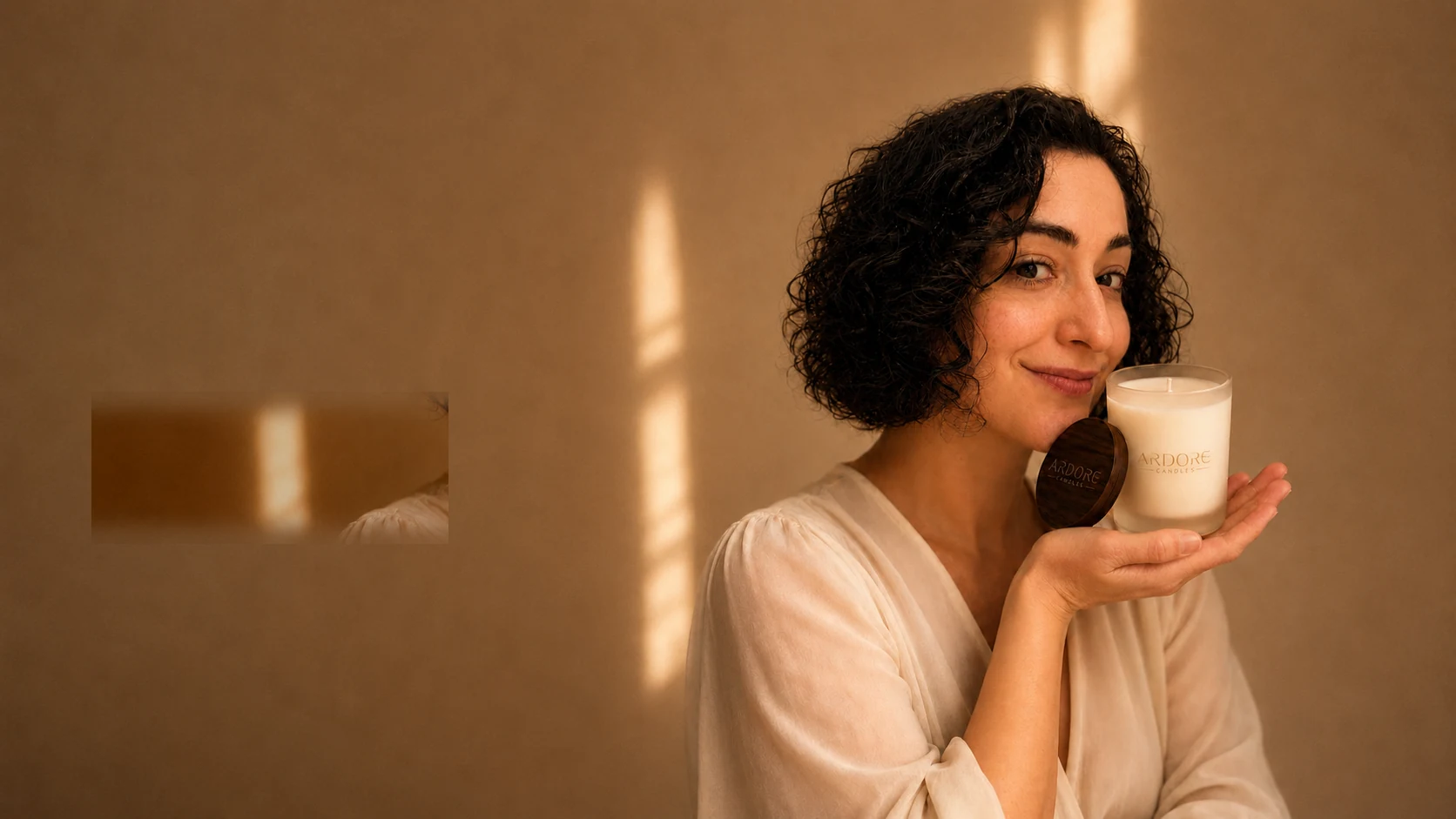 Jessica houdt een Ardore kaars vast in warm natuurlijk licht