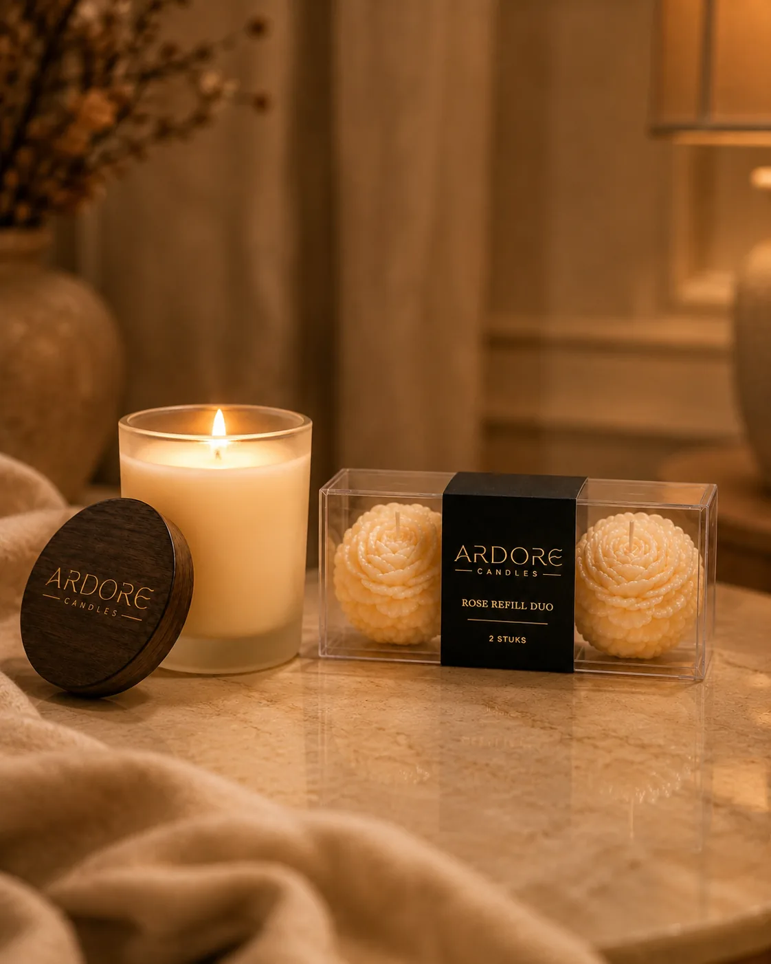 Ardore natuurlijke kaars met houten deksel naast de Rose Refill Duo met twee witte roosjes op een marmeren tafel in warm avondlicht