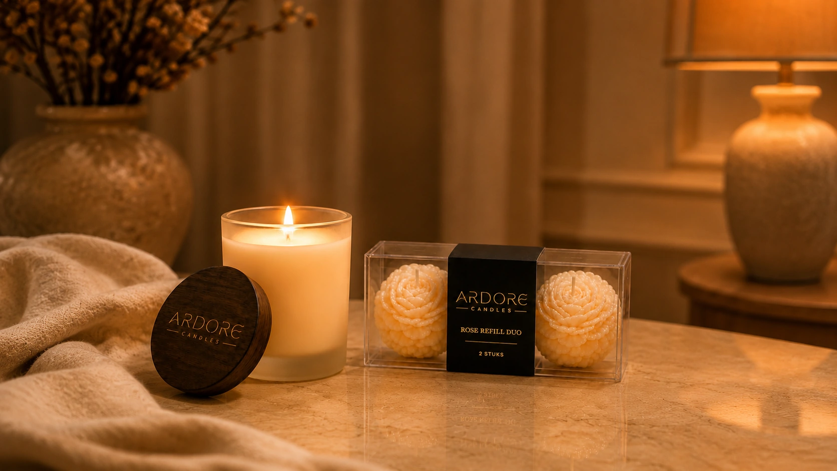 Ardore Nature-kaars met houten deksel naast de Rose Refill Duo met twee roosjes op een marmeren tafel in warm avondlicht