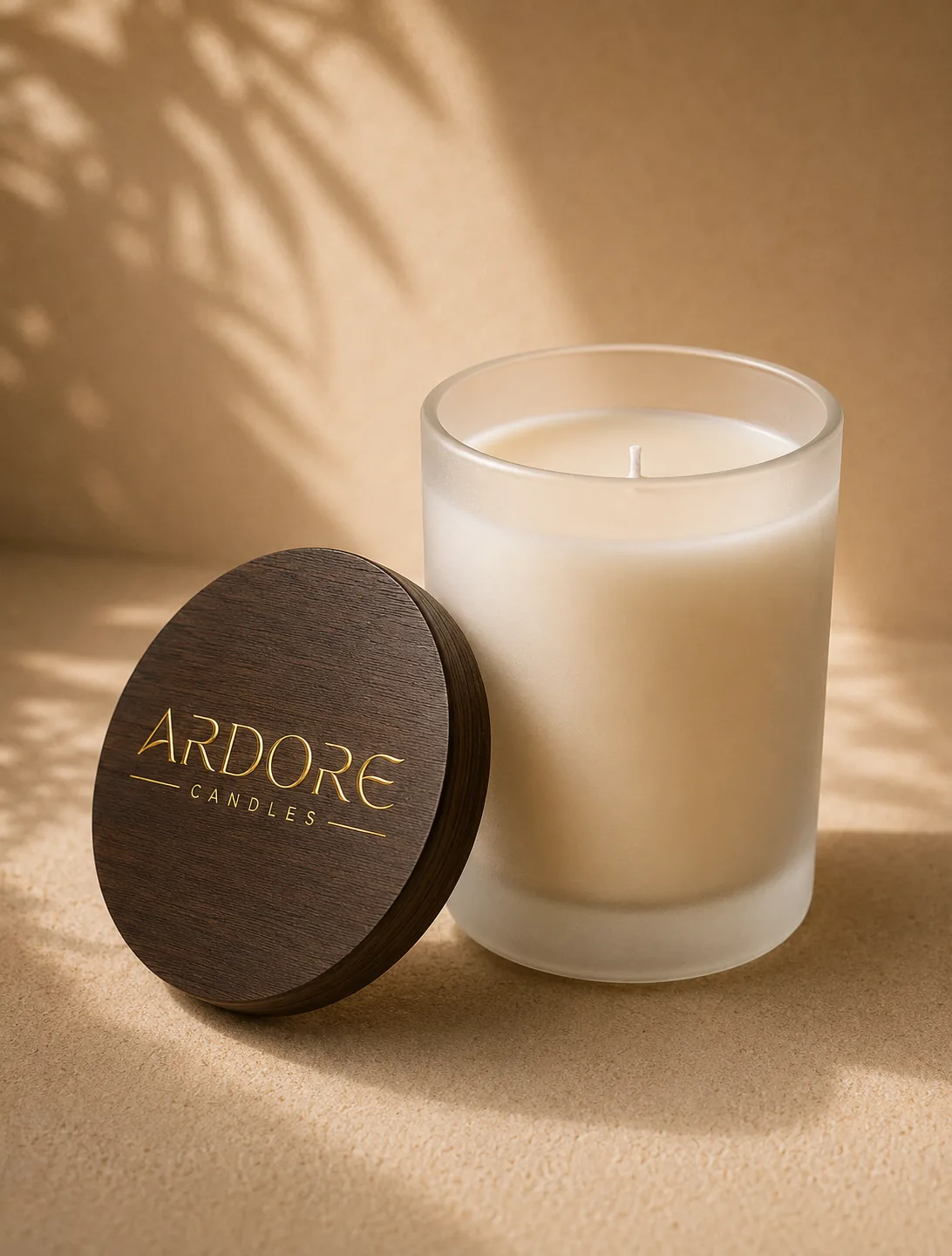 Witte matte glazen Ardore kaars met houten deksel in warm studiolicht