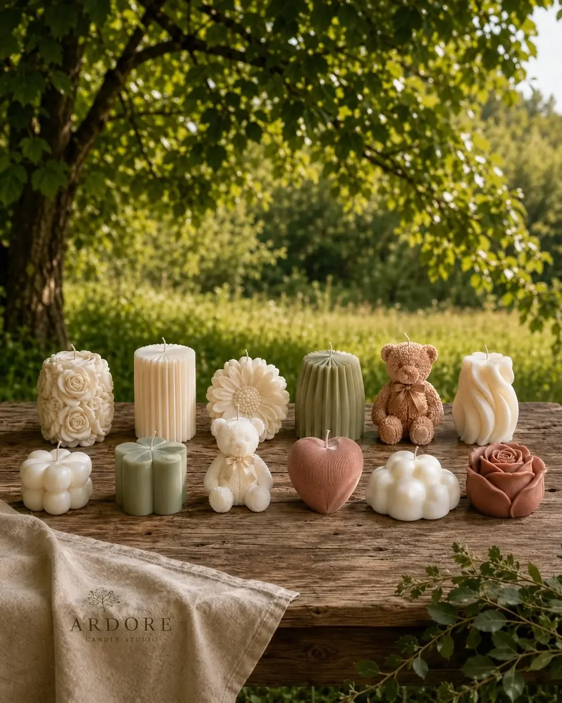 Verschillende Ardore Limited kaarsen in roos-, beer-, hart- en bloemvorm op een houten tafel in een groene tuin
