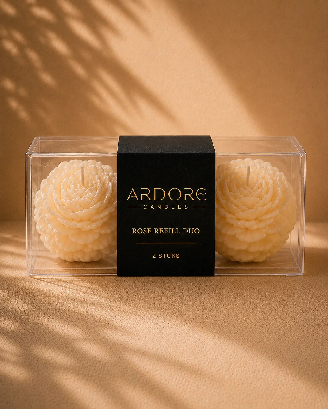 Rose Refill Duo van Ardore: transparante box met matzwarte sleeve en twee witte roosjes