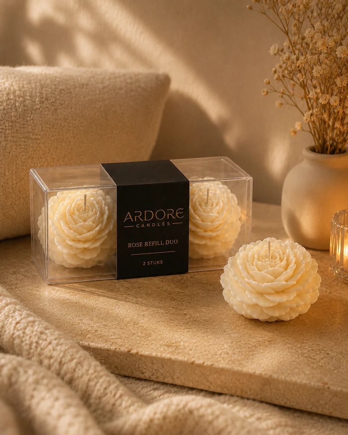 Rose Refill Duo van Ardore in warme sfeer met een los wit roosje ernaast