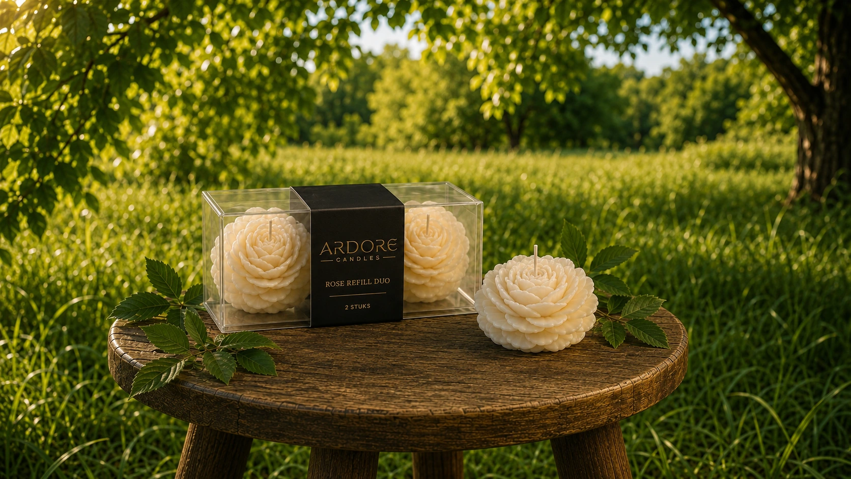 Rose Refill Duo van Ardore met twee roosjes in doos op een houten kruk in een groene tuin