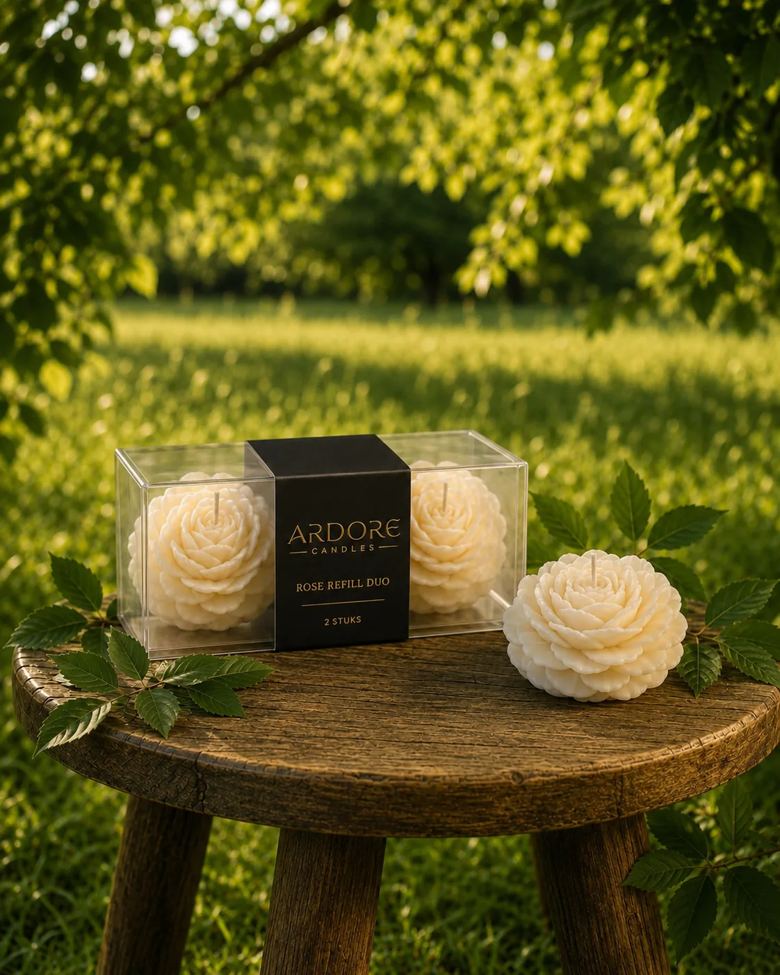 Rose Refill Duo van Ardore met twee witte roosjes op een houten kruk in een groene tuin